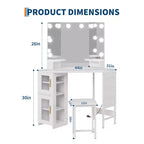 Coiffeuse d'angle et tabouret, Coiffeuse d'angle avec miroir lumineux LED, station de charge et armoire pour chambre à coucher