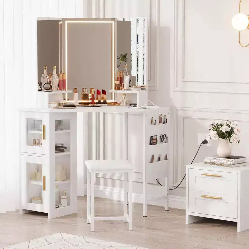 Coiffeuse d'angle et tabouret, Coiffeuse d'angle avec miroir lumineux LED, station de charge et armoire pour chambre à coucher
