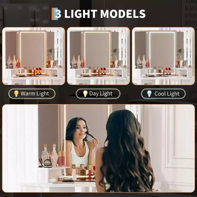 Coiffeuse d'angle et tabouret, Coiffeuse d'angle avec miroir lumineux LED, station de charge et armoire pour chambre à coucher