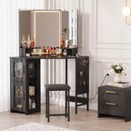 Coiffeuse d'angle et tabouret, Coiffeuse d'angle avec miroir lumineux LED, station de charge et armoire pour chambre à coucher