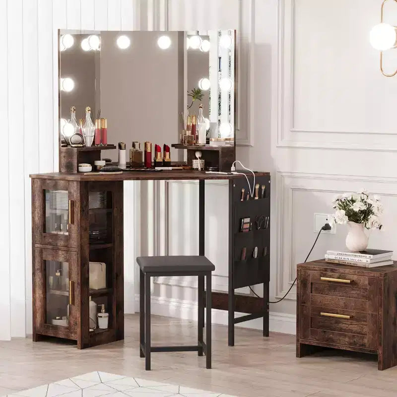 Coiffeuse d'angle et tabouret, Coiffeuse d'angle avec miroir lumineux LED, station de charge et armoire pour chambre à coucher