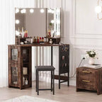 Coiffeuse d'angle et tabouret, Coiffeuse d'angle avec miroir lumineux LED, station de charge et armoire pour chambre à coucher