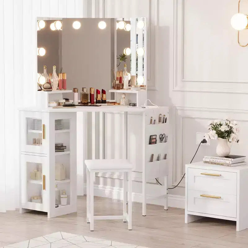 Coiffeuse d'angle et tabouret, Coiffeuse d'angle avec miroir lumineux LED, station de charge et armoire pour chambre à coucher