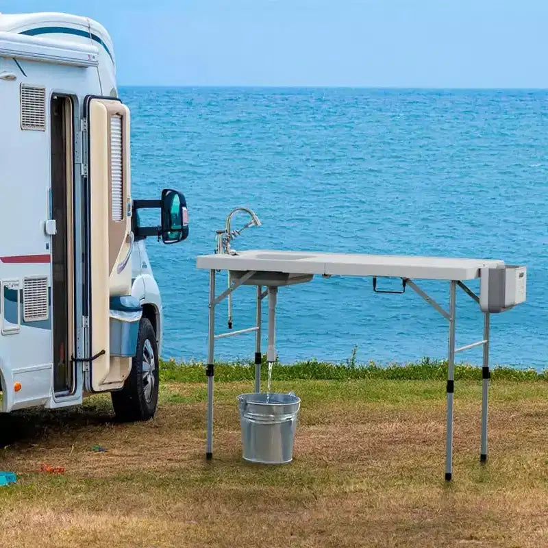 Table de nettoyage de poisson pliante avec évier pliable, station de filetage extérieure, cuisine de camping portable avec robinet et tuyau de drainage