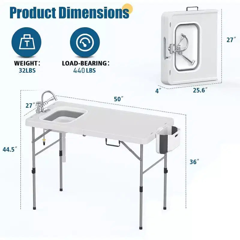 Table de nettoyage de poisson pliante avec évier pliable, station de filetage extérieure, cuisine de camping portable avec robinet et tuyau de drainage