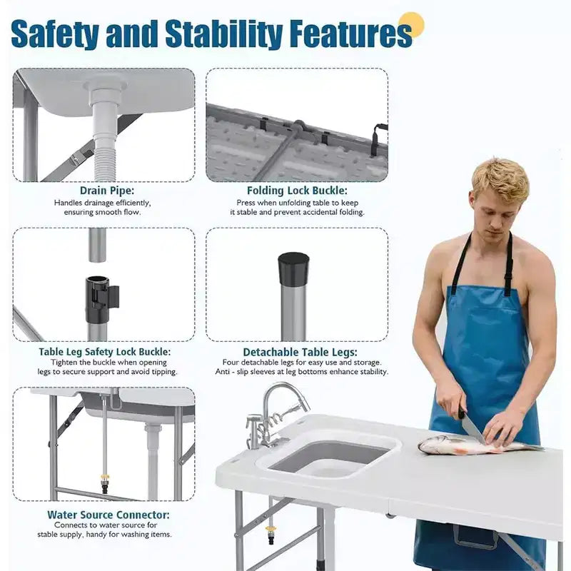 Table de nettoyage de poisson pliante avec évier pliable, station de filetage extérieure, cuisine de camping portable avec robinet et tuyau de drainage