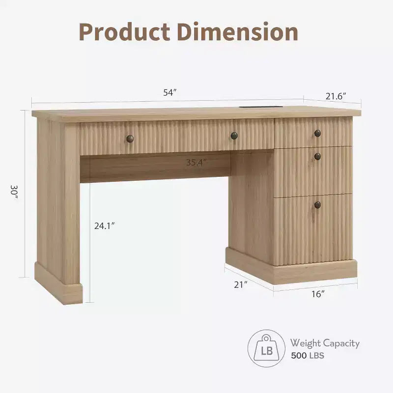 Bureau de rangement cannelé pour bureau à domicile, bureau de direction moderne de 137 cm avec station de charge, bureau d'écriture en bois avec tiroirs classeurs pour salle d'étude