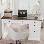 Bureau de rangement cannelé pour bureau à domicile, bureau de direction moderne de 137 cm avec station de charge, bureau d'écriture en bois avec tiroirs classeurs pour salle d'étude