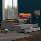 Twin/Full Bed with Bookcase Headboard, Wood Platform Bed with Storage LED Headboard, Bed with Trundle and 3 Drawers