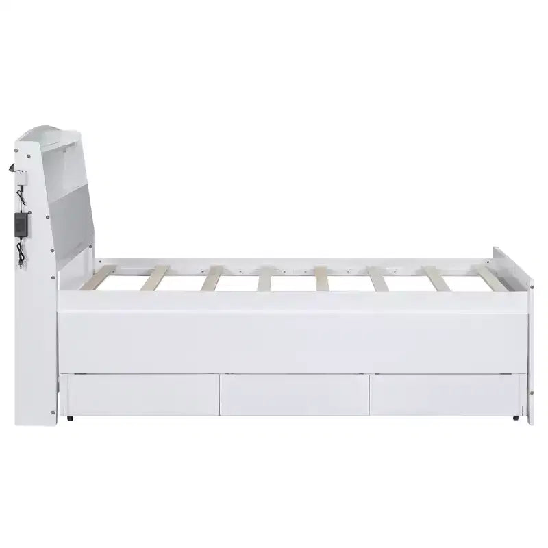 Lit jumeau/double avec tête de lit bibliothèque, lit plateforme en bois avec tête de lit LED de rangement, lit avec lit gigogne et 3 tiroirs