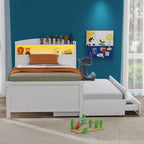 Lit jumeau/double avec tête de lit bibliothèque, lit plateforme en bois avec tête de lit LED de rangement, lit avec lit gigogne et 3 tiroirs