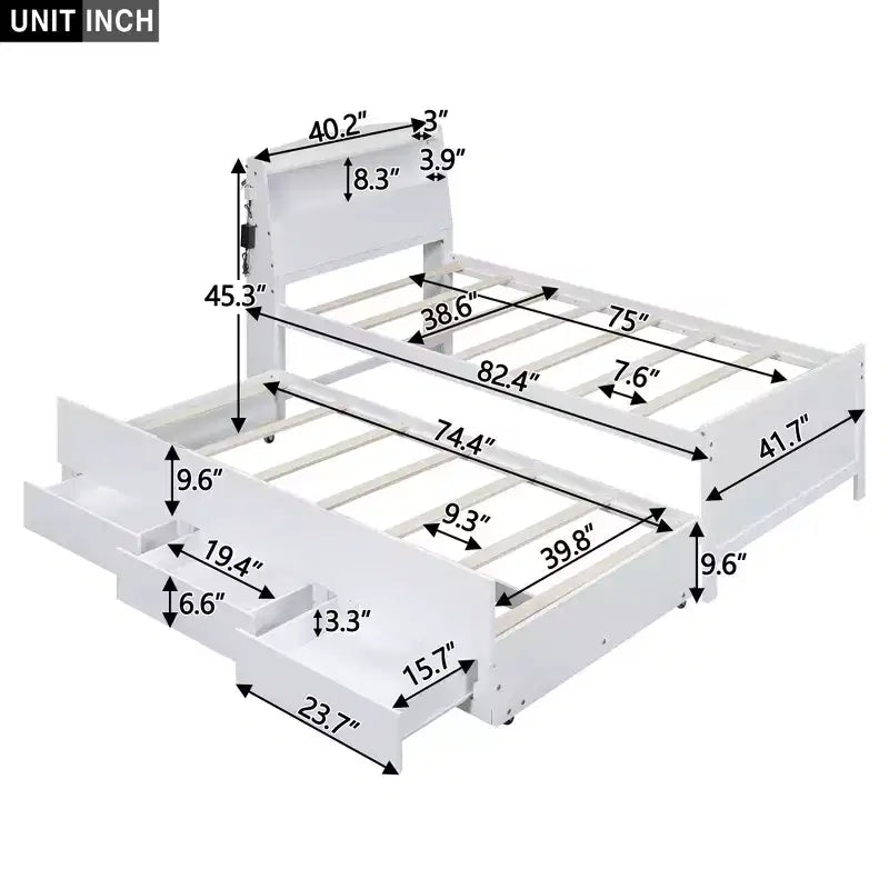 Lit jumeau/double avec tête de lit bibliothèque, lit plateforme en bois avec tête de lit LED de rangement, lit avec lit gigogne et 3 tiroirs