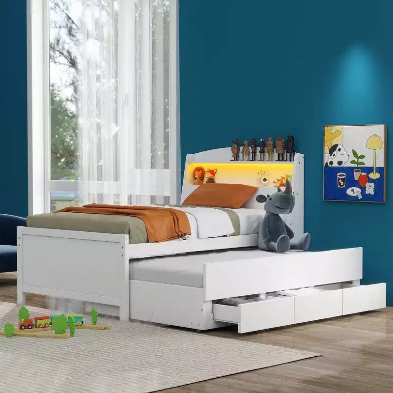 Lit jumeau/double avec tête de lit bibliothèque, lit plateforme en bois avec tête de lit LED de rangement, lit avec lit gigogne et 3 tiroirs