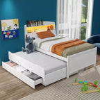 Lit jumeau/double avec tête de lit bibliothèque, lit plateforme en bois avec tête de lit LED de rangement, lit avec lit gigogne et 3 tiroirs