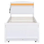 Lit jumeau/double avec tête de lit bibliothèque, lit plateforme en bois avec tête de lit LED de rangement, lit avec lit gigogne et 3 tiroirs