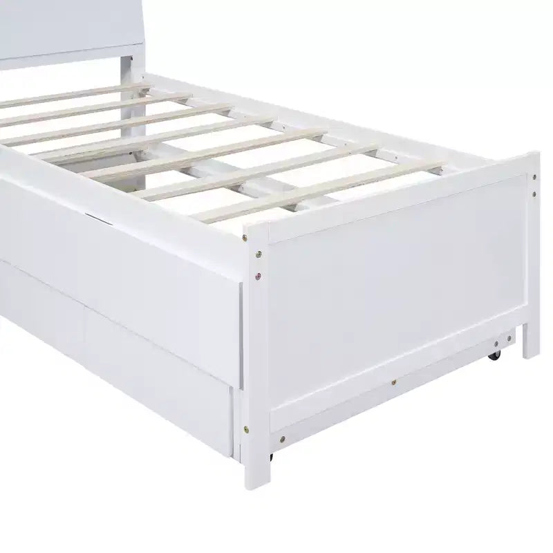 Lit jumeau/double avec tête de lit bibliothèque, lit plateforme en bois avec tête de lit LED de rangement, lit avec lit gigogne et 3 tiroirs