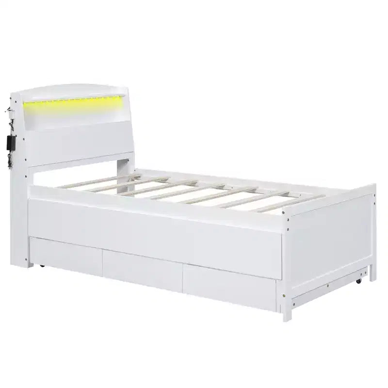 Lit jumeau/double avec tête de lit bibliothèque, lit plateforme en bois avec tête de lit LED de rangement, lit avec lit gigogne et 3 tiroirs