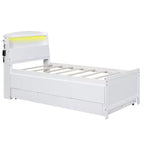 Lit jumeau/double avec tête de lit bibliothèque, lit plateforme en bois avec tête de lit LED de rangement, lit avec lit gigogne et 3 tiroirs