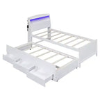Lit jumeau/double avec tête de lit bibliothèque, lit plateforme en bois avec tête de lit LED de rangement, lit avec lit gigogne et 3 tiroirs