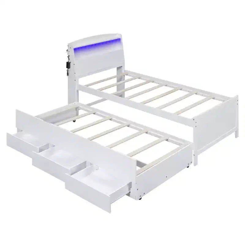 Lit jumeau/double avec tête de lit bibliothèque, lit plateforme en bois avec tête de lit LED de rangement, lit avec lit gigogne et 3 tiroirs