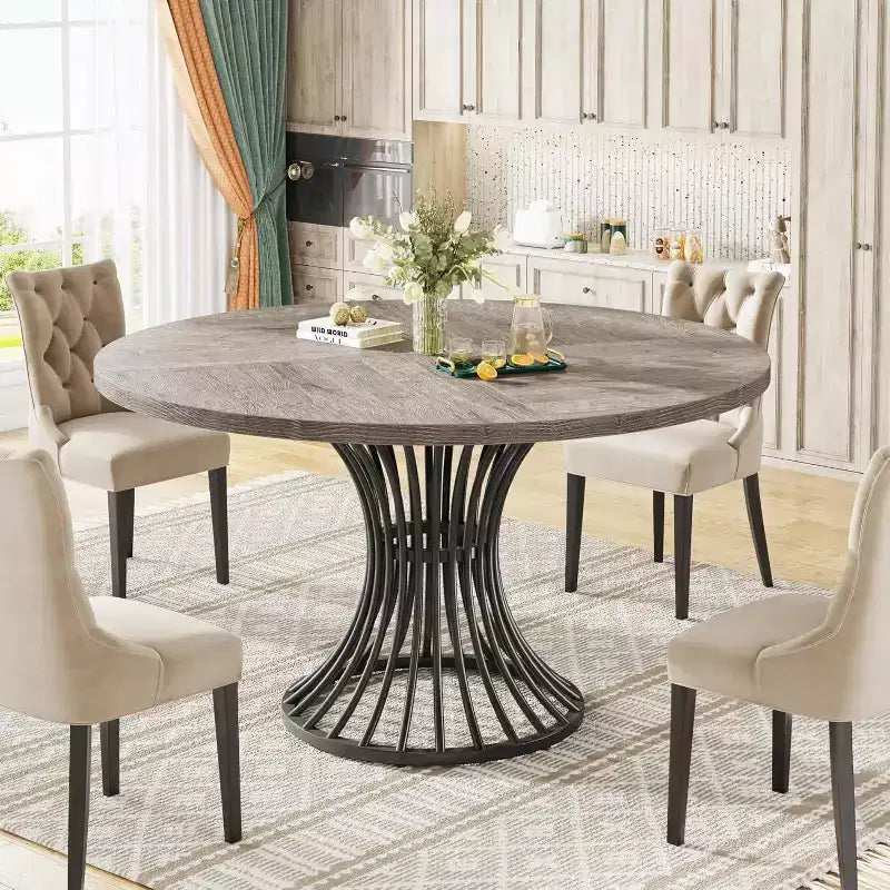 Lantine Round Dining Table for 4-6 People, 47-Inch Farmhouse Kitchen Table, Industrial Dinner Table for Kitchen, Dinning Room, Living Room