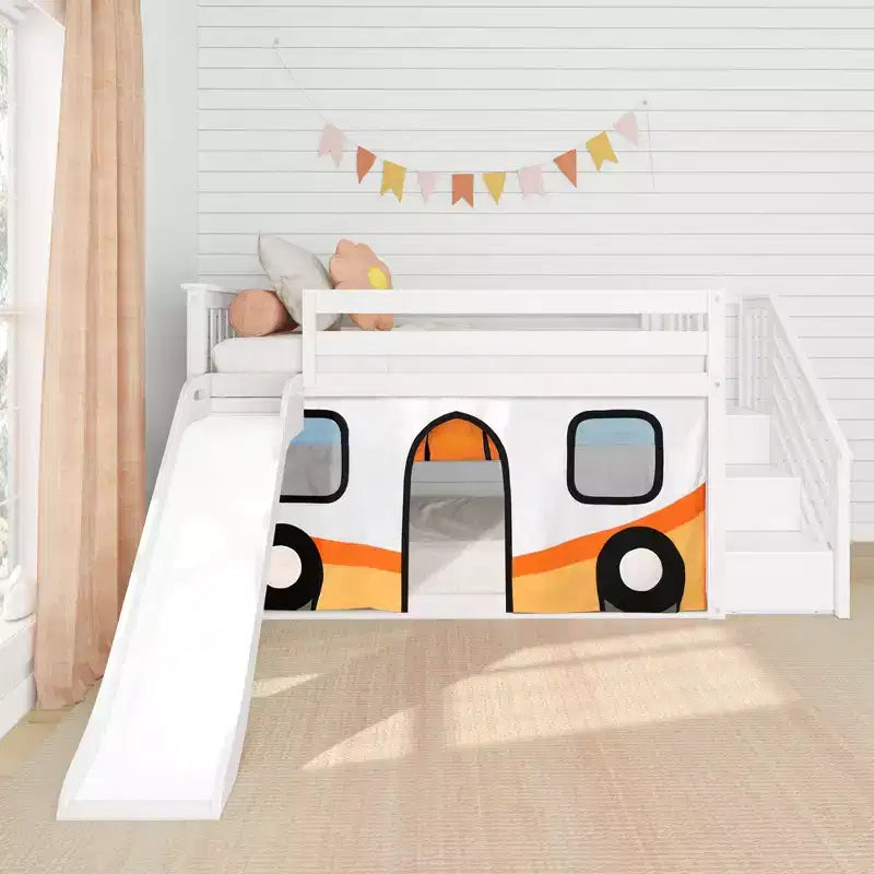 Twin Low Loft With Stairs, Easy Slide & Orange Camper Van Curtain