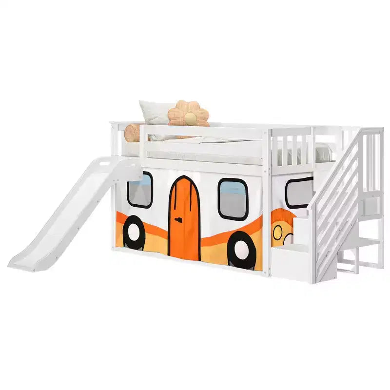 Twin Low Loft With Stairs, Easy Slide & Orange Camper Van Curtain