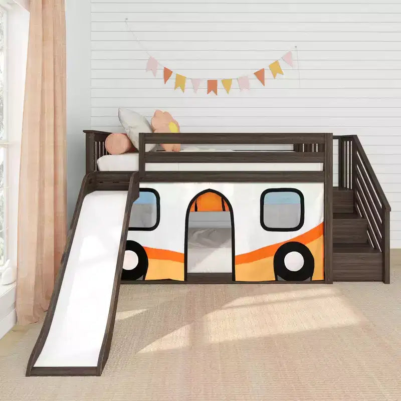 Twin Low Loft With Stairs, Easy Slide & Orange Camper Van Curtain