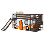 Twin Low Loft With Stairs, Easy Slide & Orange Camper Van Curtain