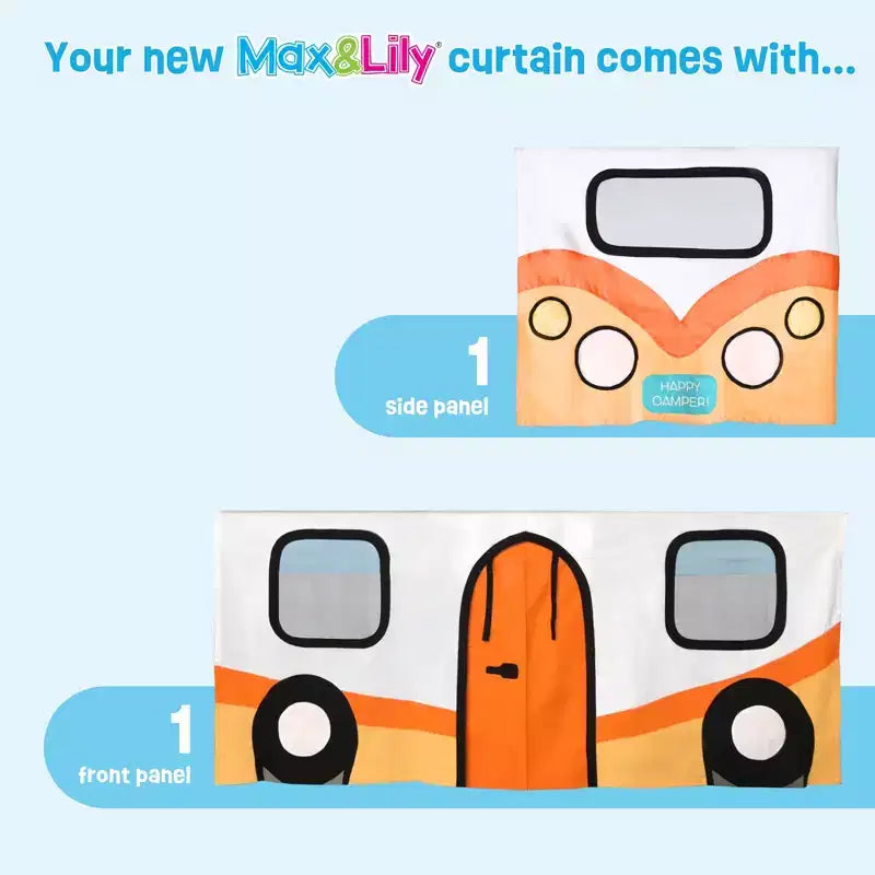 Twin Low Loft With Stairs, Easy Slide & Orange Camper Van Curtain