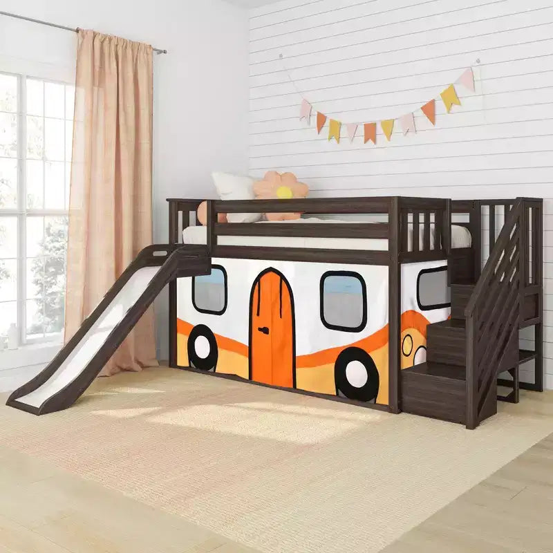 Twin Low Loft With Stairs, Easy Slide & Orange Camper Van Curtain