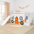 Twin Low Loft With Stairs, Easy Slide & Orange Camper Van Curtain