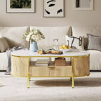 Table basse ovale 48 pouces - Table basse centrale cannelée moderne avec tiroir de rangement, plateau en faux marbre et pieds en métal doré pour salon
