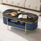 Table basse ovale 48 pouces - Table basse centrale cannelée moderne avec tiroir de rangement, plateau en faux marbre et pieds en métal doré pour salon