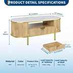 Table basse ovale 48 pouces - Table basse centrale cannelée moderne avec tiroir de rangement, plateau en faux marbre et pieds en métal doré pour salon