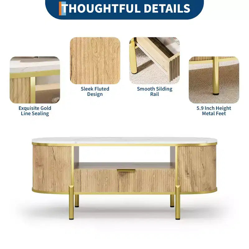 Table basse ovale 48 pouces - Table basse centrale cannelée moderne avec tiroir de rangement, plateau en faux marbre et pieds en métal doré pour salon