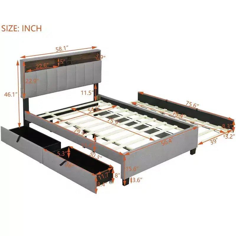 Cadre de lit double/grand lit avec tête de lit de rangement et lit gigogne double XL, lit plateforme en lin avec 2 tiroirs et prises et ports USB
