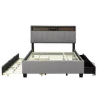 Cadre de lit double/grand lit avec tête de lit de rangement et lit gigogne double XL, lit plateforme en lin avec 2 tiroirs et prises et ports USB