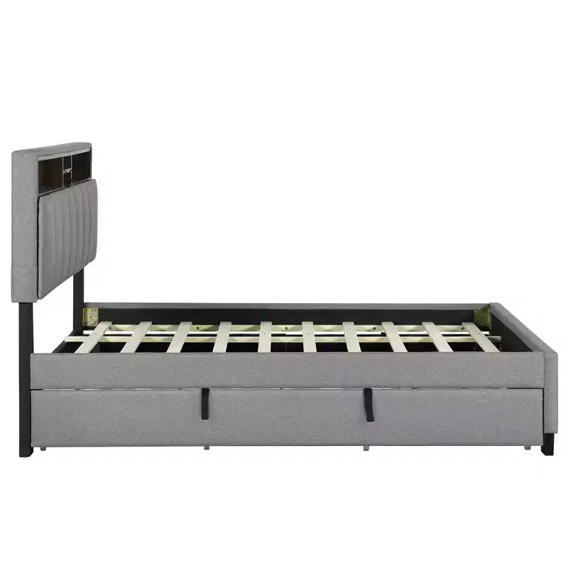 Cadre de lit double/grand lit avec tête de lit de rangement et lit gigogne double XL, lit plateforme en lin avec 2 tiroirs et prises et ports USB