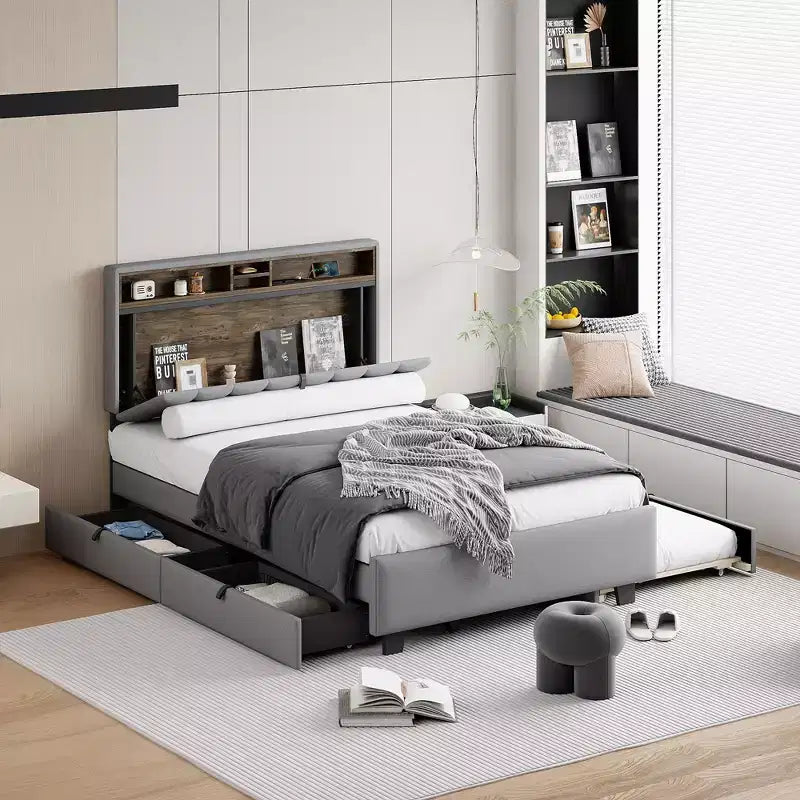 Cadre de lit double/grand lit avec tête de lit de rangement et lit gigogne double XL, lit plateforme en lin avec 2 tiroirs et prises et ports USB