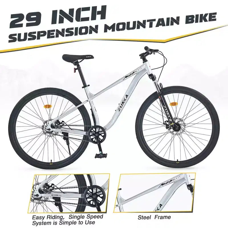 Okak 29IN Single Speed Mountain Bike, Adult Bike with Steel Frame and Front Suspension, Mens Bike for Commuting, Travel, Mountain