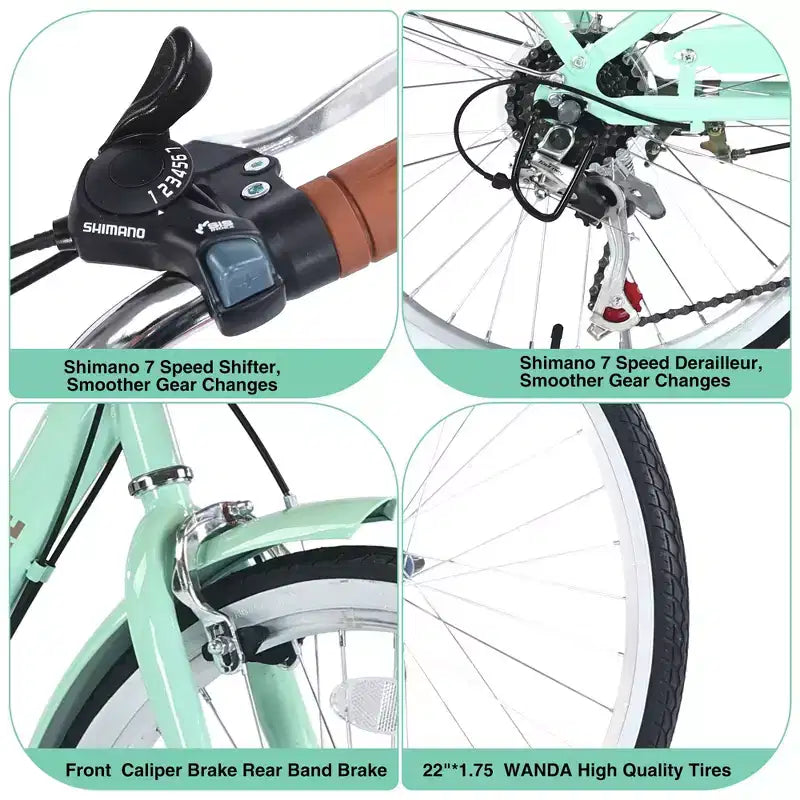 Vélos Cruiser Okak 22" avec panier avant, vélo pour filles avec cadre en acier, freins en V et selles confort, vélo adulte pour filles et femmes