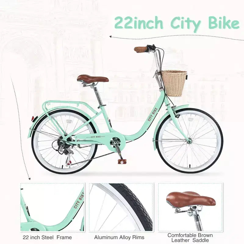 Vélos Cruiser Okak 22" avec panier avant, vélo pour filles avec cadre en acier, freins en V et selles confort, vélo adulte pour filles et femmes