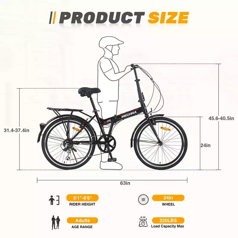Okak 24IN Folding Bike with 7 Speed and Steel Frame, Cruiser Bikes with Rear Shelf and Mudguard, Adult Bike for Traval and Commuting