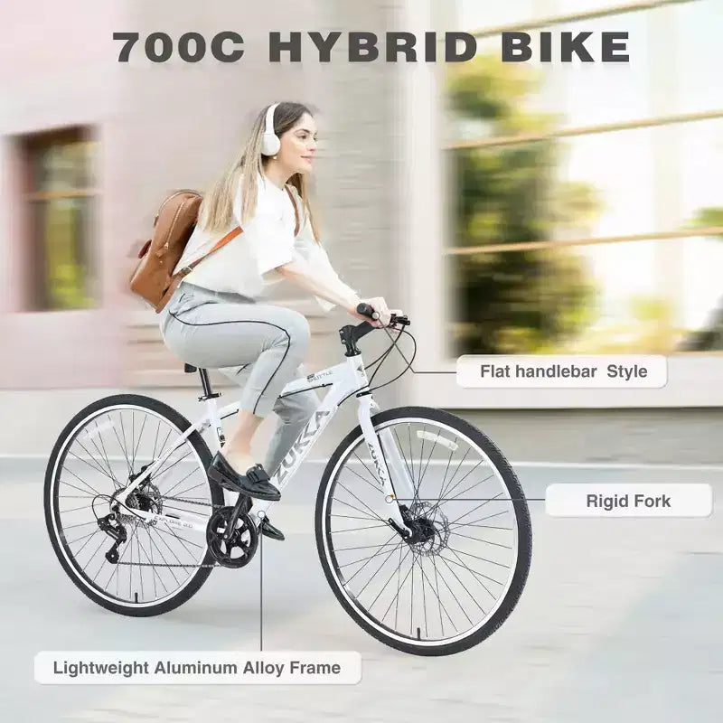 Okak 700C Hybrid Bike with Aluminum Alloy Frame and Double Disc Brakes, Flat Handlebar Road Bike, Adult Bike for Road Cycling and Traval