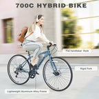 Okak 700C Hybrid Bike with Aluminum Alloy Frame and Double Disc Brakes, Flat Handlebar Road Bike, Adult Bike for Road Cycling and Traval