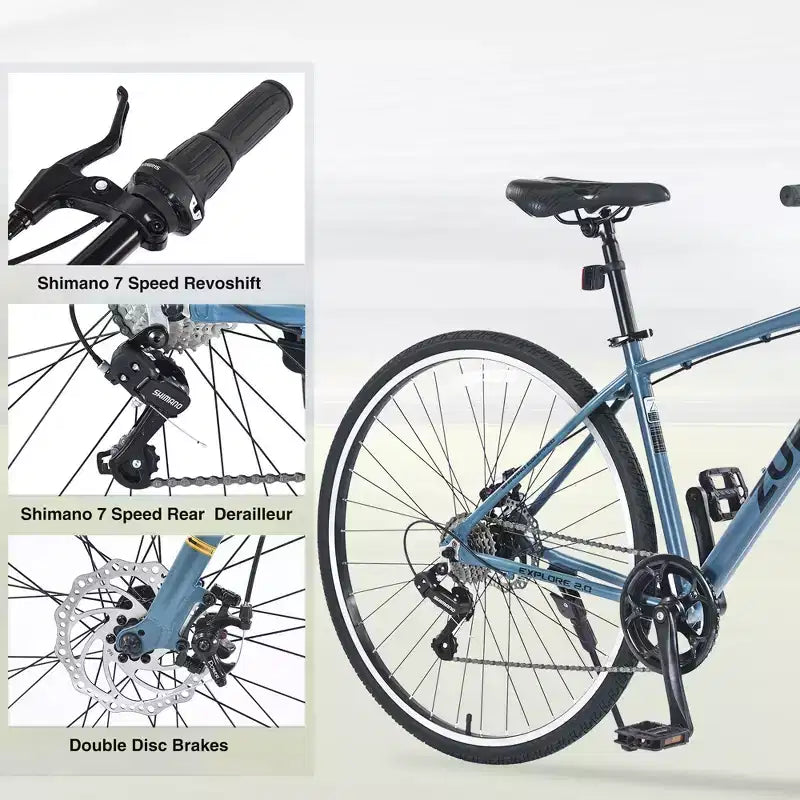 Okak 700C Hybrid Bike with Aluminum Alloy Frame and Double Disc Brakes, Flat Handlebar Road Bike, Adult Bike for Road Cycling and Traval