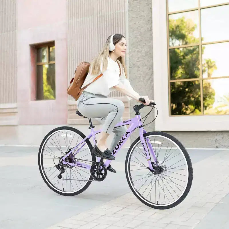 Okak 700C Hybrid Bike with Aluminum Alloy Frame and Double Disc Brakes, Flat Handlebar Road Bike, Adult Bike for Road Cycling and Traval