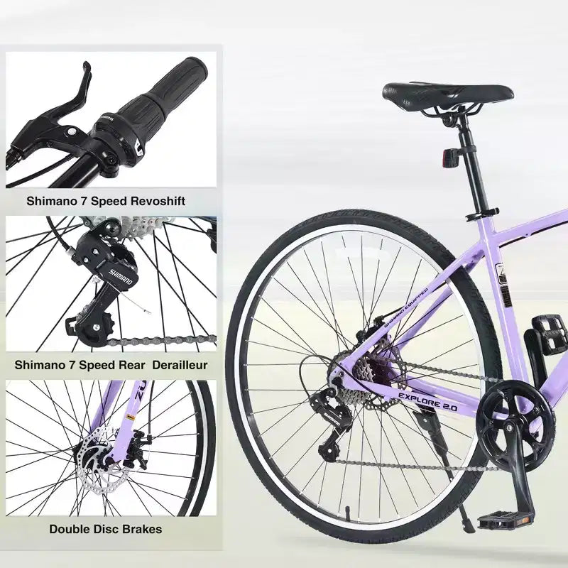 Okak 700C Hybrid Bike with Aluminum Alloy Frame and Double Disc Brakes, Flat Handlebar Road Bike, Adult Bike for Road Cycling and Traval
