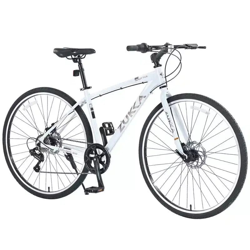 Okak 700C Hybrid Bike with Aluminum Alloy Frame and Double Disc Brakes, Flat Handlebar Road Bike, Adult Bike for Road Cycling and Traval